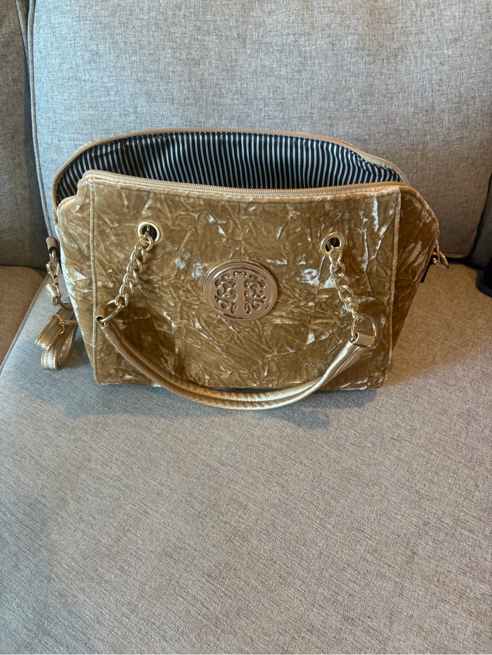 Gold Velvet Shoulder Bag with Chain Handles